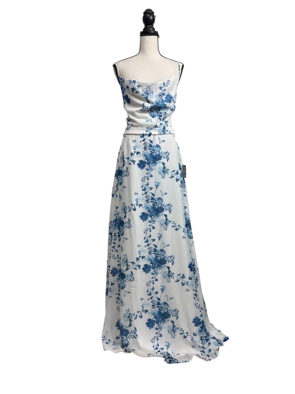 Lulu's White Maxi Dress with Blue Floral Print Low Strappy Back. XL